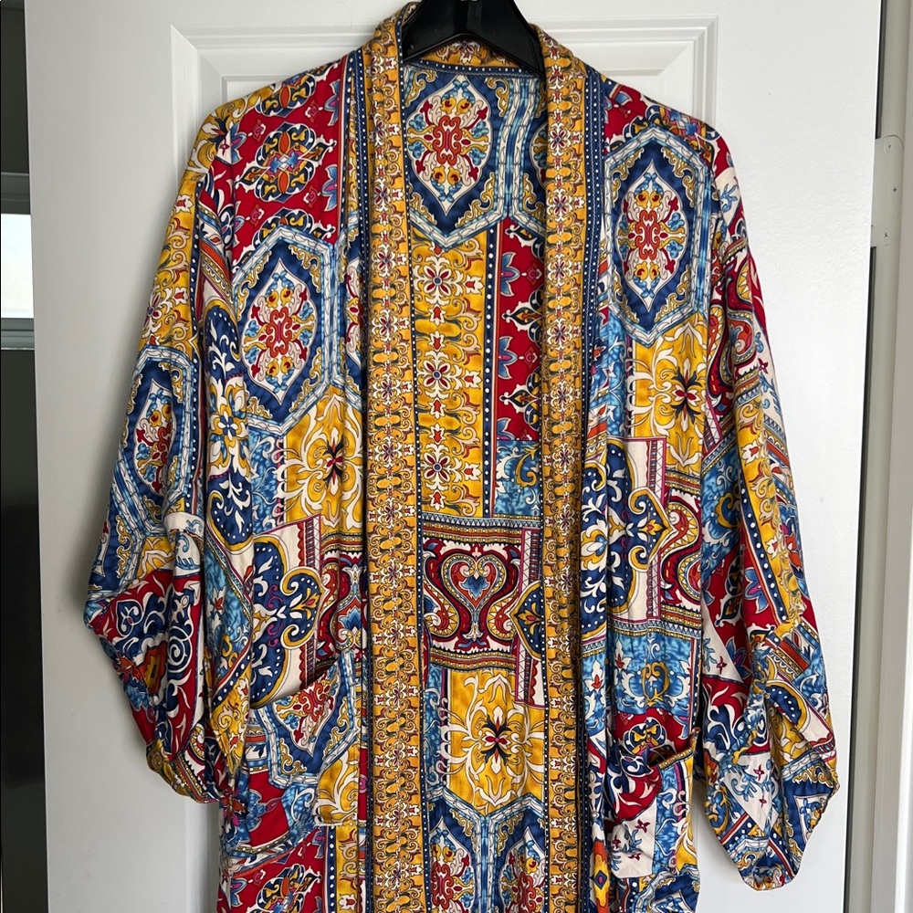 HAUTE HIPPIE ♥️💛💙 Multicolor Patterned Kimono Robe Duster Red Blue Sz M